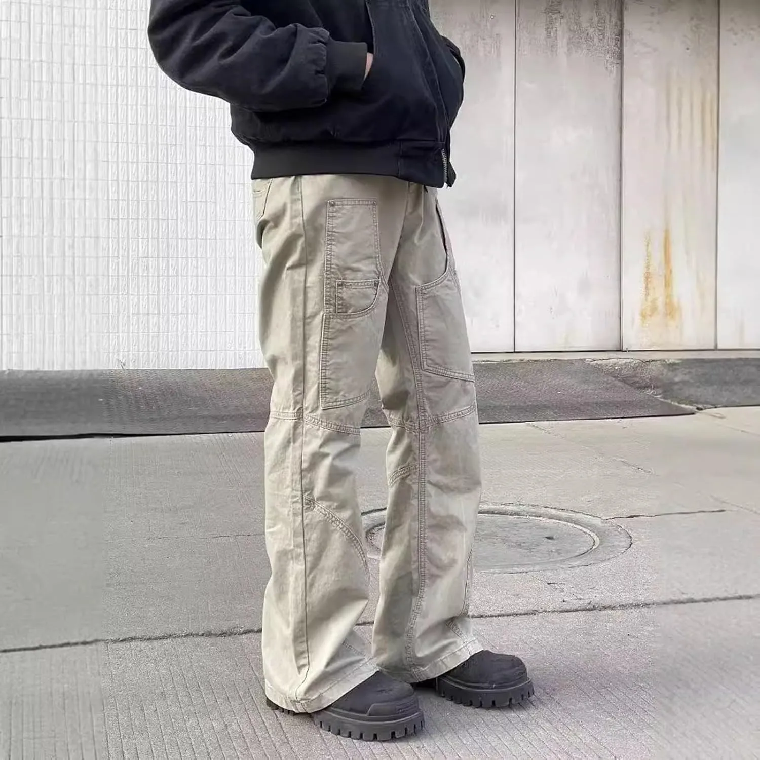 Wide Leg Cargo Pants for Men with Zipper Pockets Stretch Casual Relaxed Fit Pants Lightweight Baggy Streetwear Sweatpants