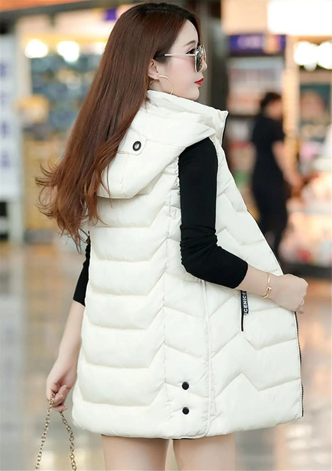 WIWIQS Women's Sleeveless Zipper Midi Vest Winter Hooded Lightweight Coat Outerwear
