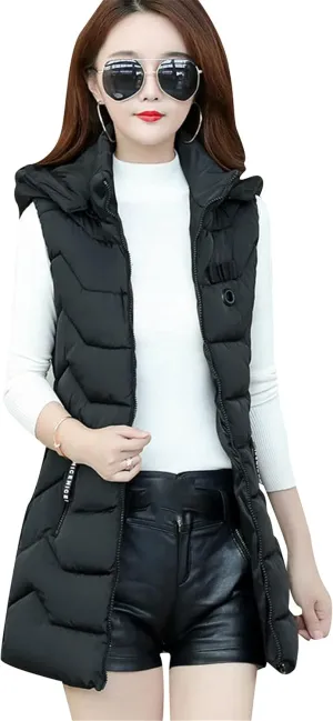 WIWIQS Women's Sleeveless Zipper Midi Vest Winter Hooded Lightweight Coat Outerwear
