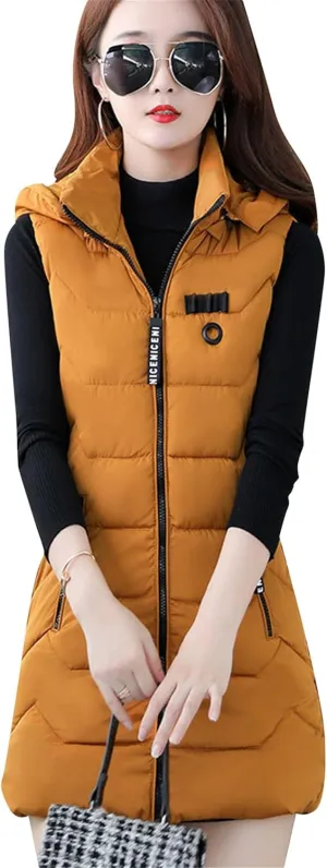 WIWIQS Women's Sleeveless Zipper Midi Vest Winter Hooded Lightweight Coat Outerwear