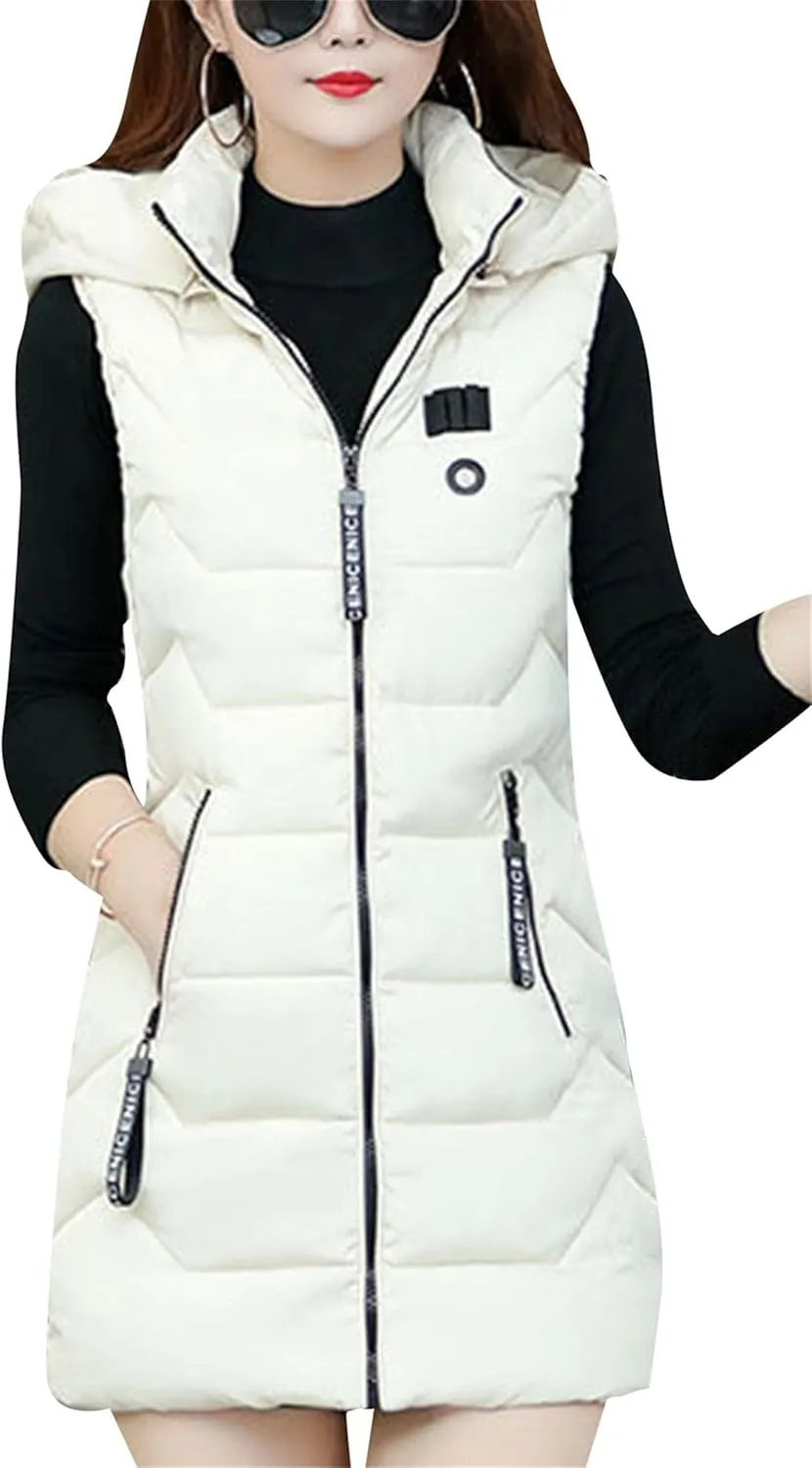 WIWIQS Women's Sleeveless Zipper Midi Vest Winter Hooded Lightweight Coat Outerwear