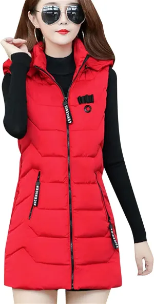 WIWIQS Women's Sleeveless Zipper Midi Vest Winter Hooded Lightweight Coat Outerwear