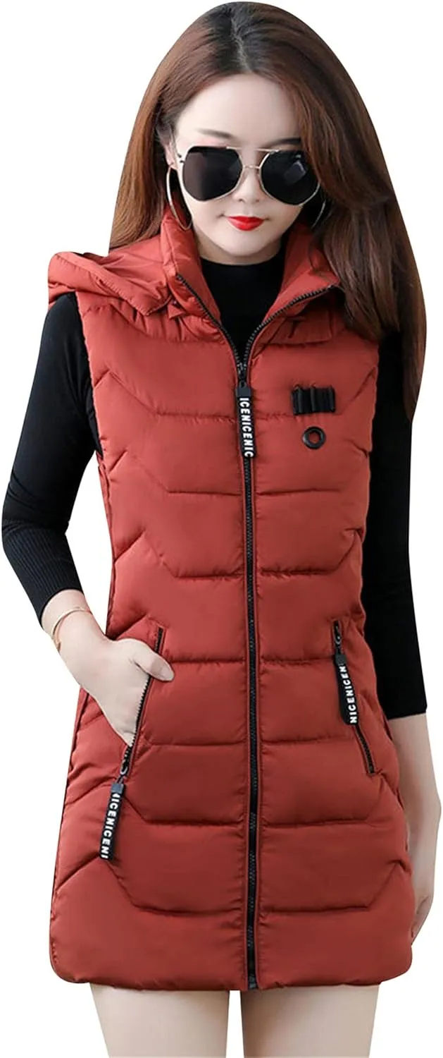 WIWIQS Women's Sleeveless Zipper Midi Vest Winter Hooded Lightweight Coat Outerwear