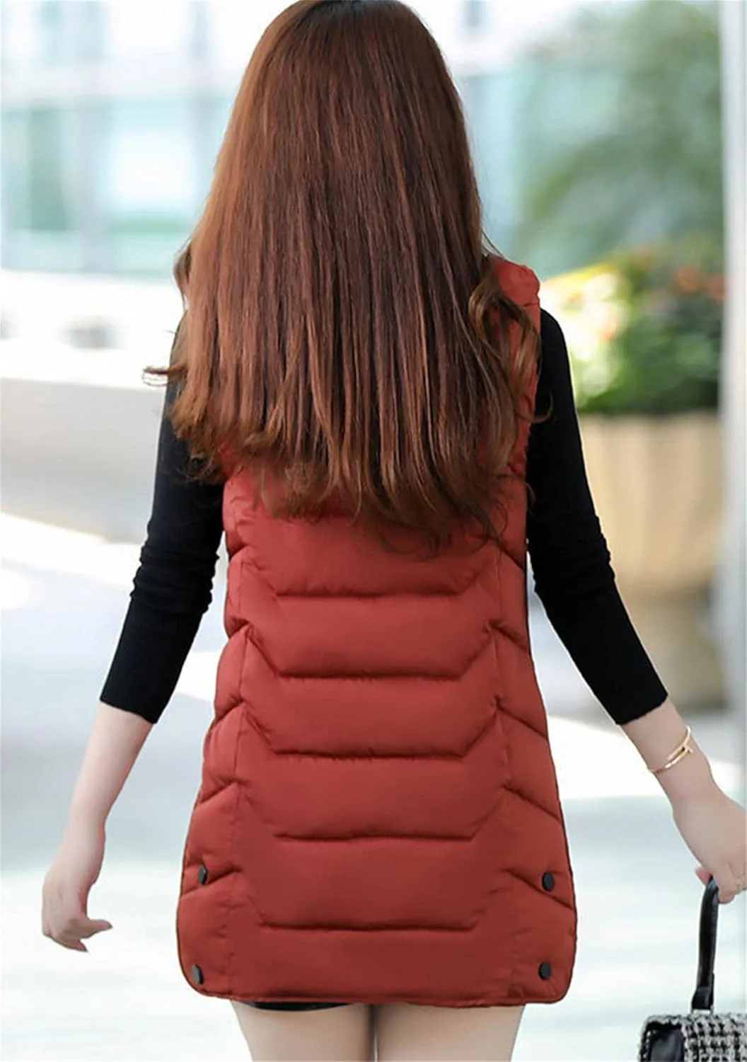 WIWIQS Women's Sleeveless Zipper Midi Vest Winter Hooded Lightweight Coat Outerwear