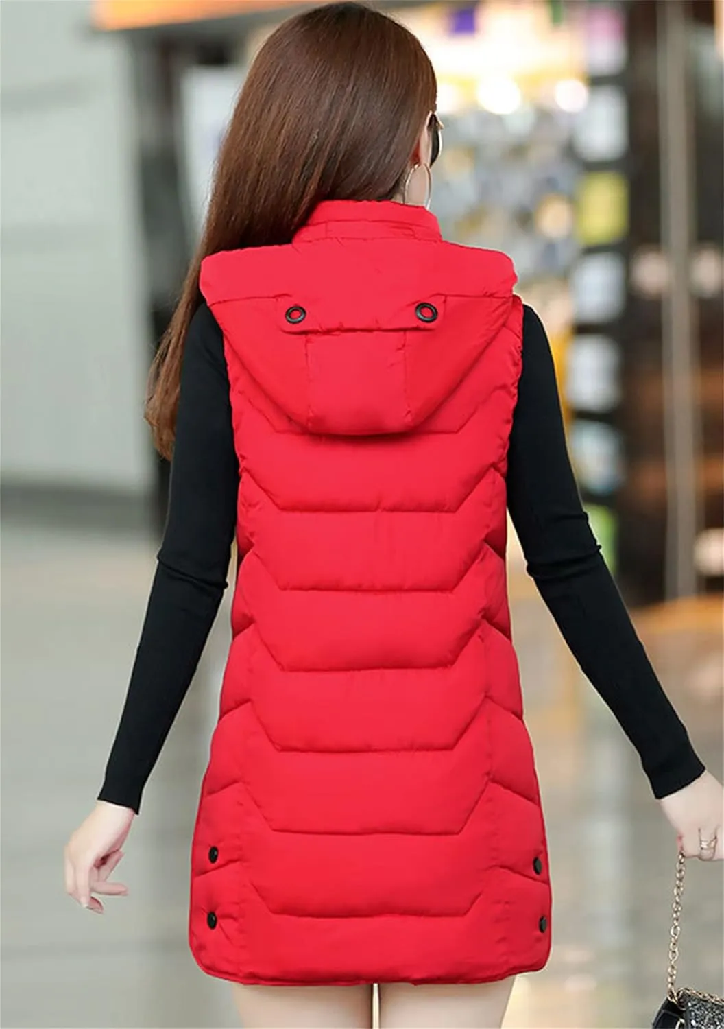 WIWIQS Women's Sleeveless Zipper Midi Vest Winter Hooded Lightweight Coat Outerwear
