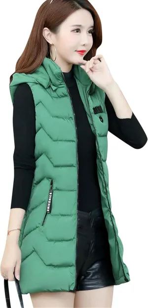 WIWIQS Women's Sleeveless Zipper Midi Vest Winter Hooded Lightweight Coat Outerwear