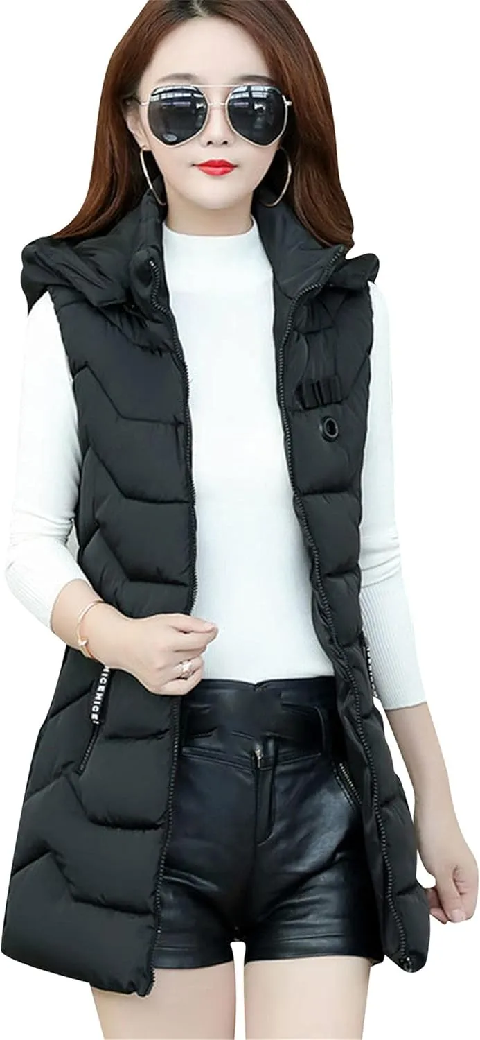 WIWIQS Women's Sleeveless Zipper Midi Vest Winter Hooded Lightweight Coat Outerwear