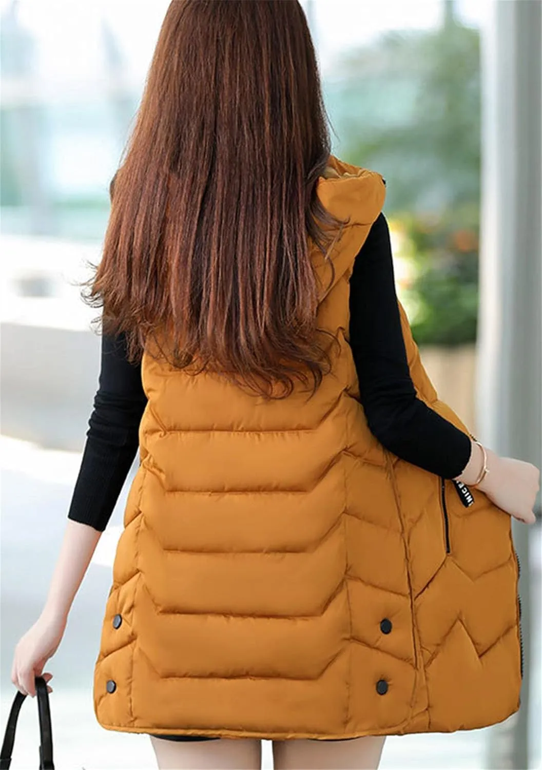 WIWIQS Women's Sleeveless Zipper Midi Vest Winter Hooded Lightweight Coat Outerwear
