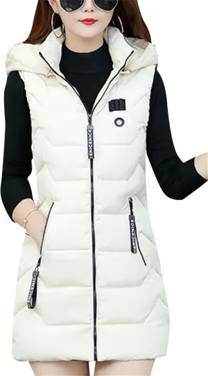 WIWIQS Women's Sleeveless Zipper Midi Vest Winter Hooded Lightweight Coat Outerwear
