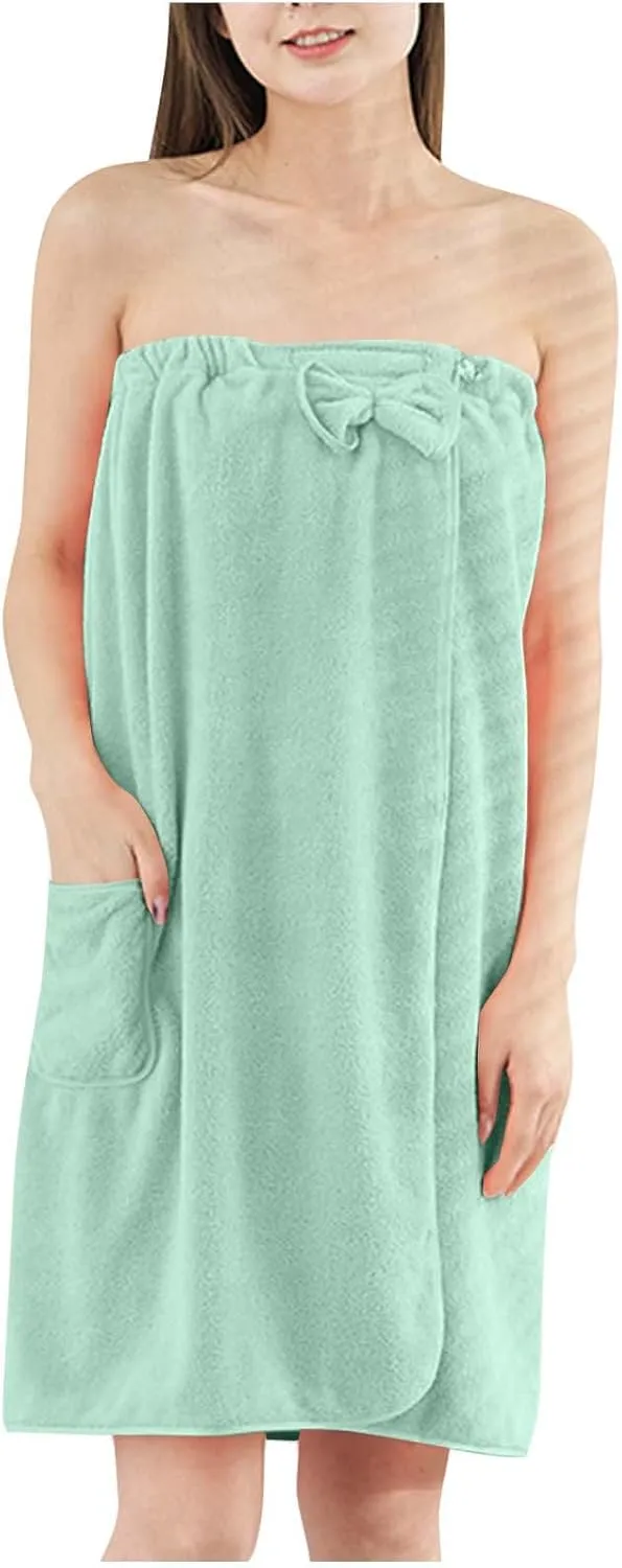 Women Adjustable Closure Bath Wrap, Terry Cloth Wrapping Spa Bathrobe Solid Color Cover Up Tower Beach Robe with Hat