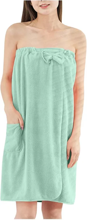Women Adjustable Closure Bath Wrap, Terry Cloth Wrapping Spa Bathrobe Solid Color Cover Up Tower Beach Robe with Hat