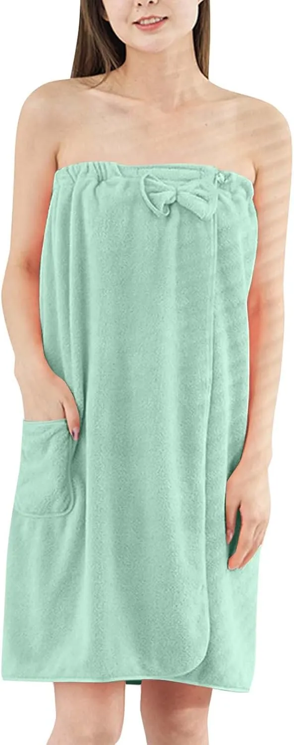 Women Adjustable Closure Bath Wrap, Terry Cloth Wrapping Spa Bathrobe Solid Color Cover Up Tower Beach Robe with Hat