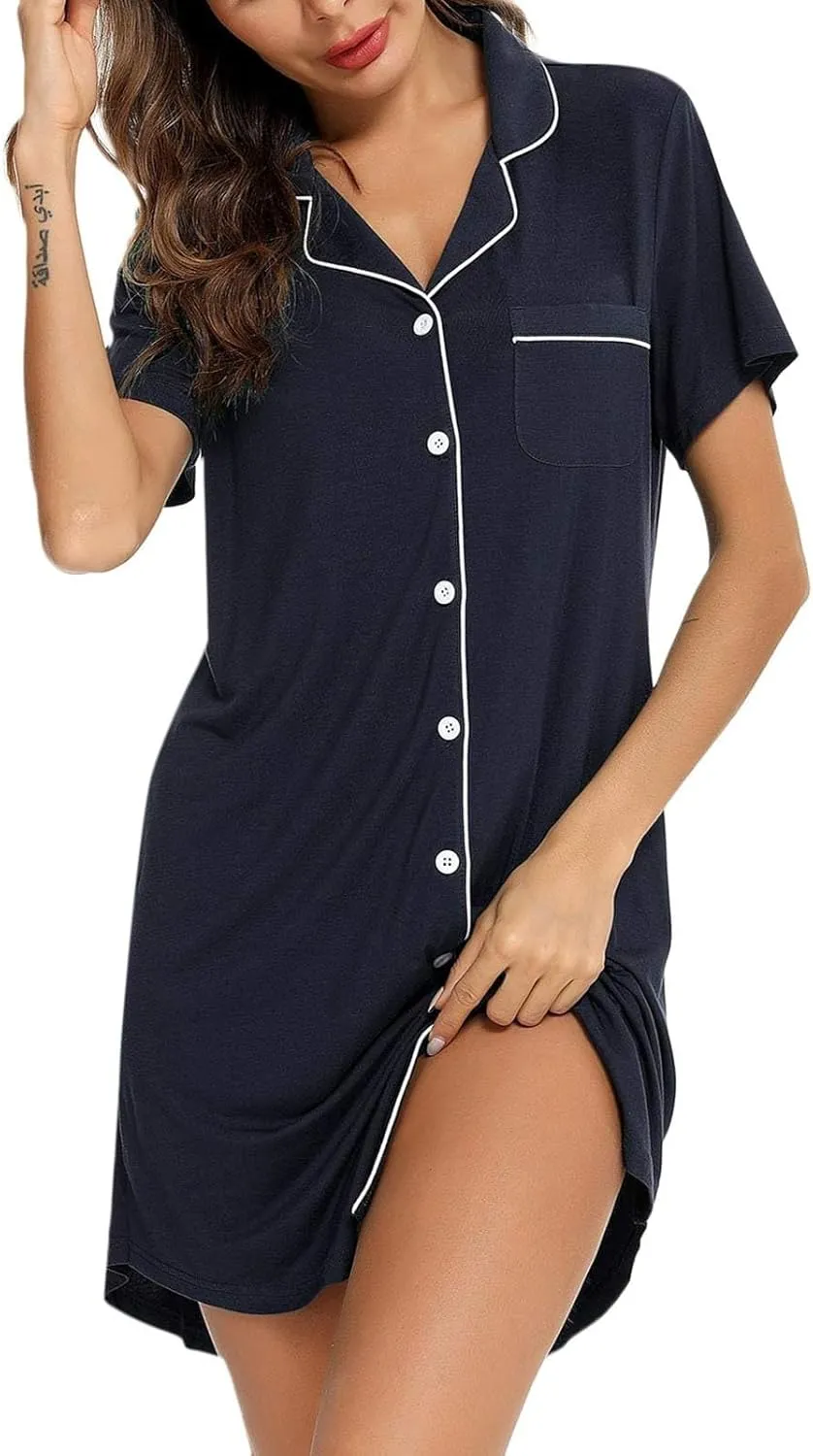 Women Buttons Front House Coat Short Sleeves Robe with Pockets,Bathrobes Solid Casual Short Nightgown Soft Loungewear
