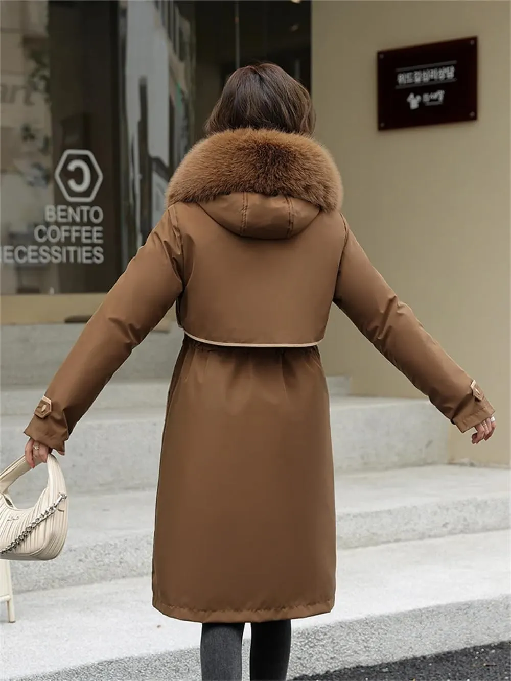 Women Cotton Fur Parkas Jacket Winter Thick Warm Hooded Long Padded Down Coat With Pockets