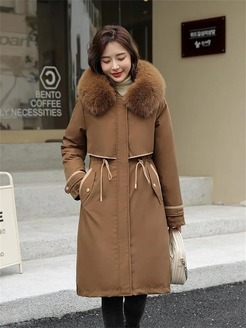 Women Cotton Fur Parkas Jacket Winter Thick Warm Hooded Long Padded Down Coat With Pockets