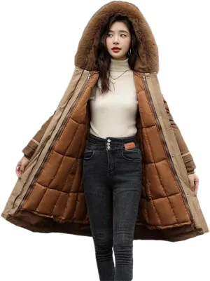Women Cotton Fur Parkas Jacket Winter Thick Warm Hooded Long Padded Down Coat With Pockets
