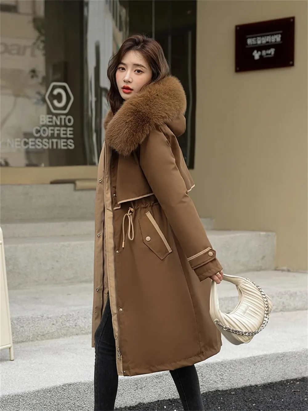 Women Cotton Fur Parkas Jacket Winter Thick Warm Hooded Long Padded Down Coat With Pockets