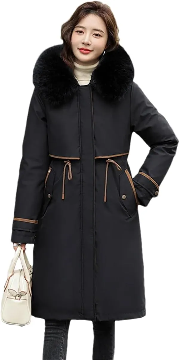 Women Cotton Fur Parkas Jacket Winter Thick Warm Hooded Long Padded Down Coat With Pockets