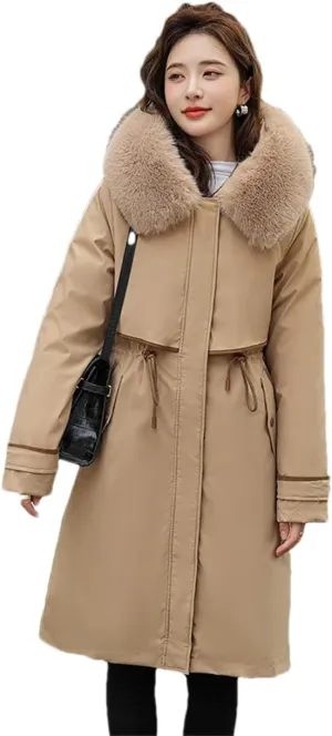 Women Cotton Fur Parkas Jacket Winter Thick Warm Hooded Long Padded Down Coat With Pockets