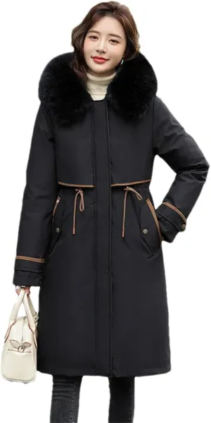 Women Cotton Fur Parkas Jacket Winter Thick Warm Hooded Long Padded Down Coat With Pockets