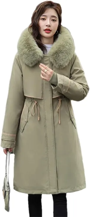 Women Cotton Fur Parkas Jacket Winter Thick Warm Hooded Long Padded Down Coat With Pockets