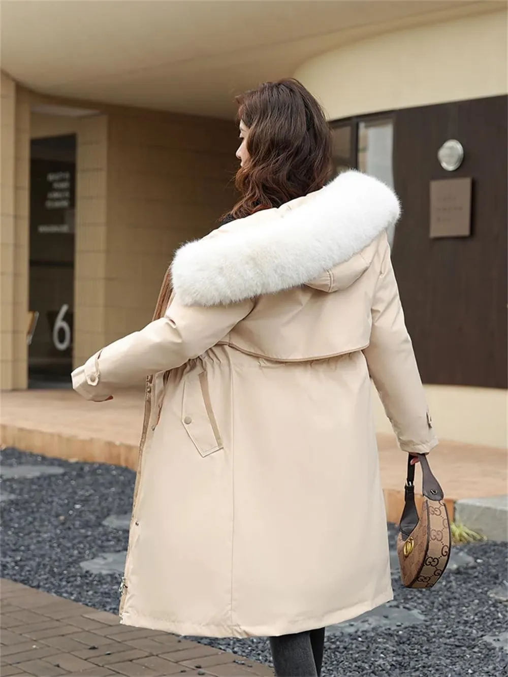 Women Cotton Fur Parkas Jacket Winter Thick Warm Hooded Long Padded Down Coat With Pockets