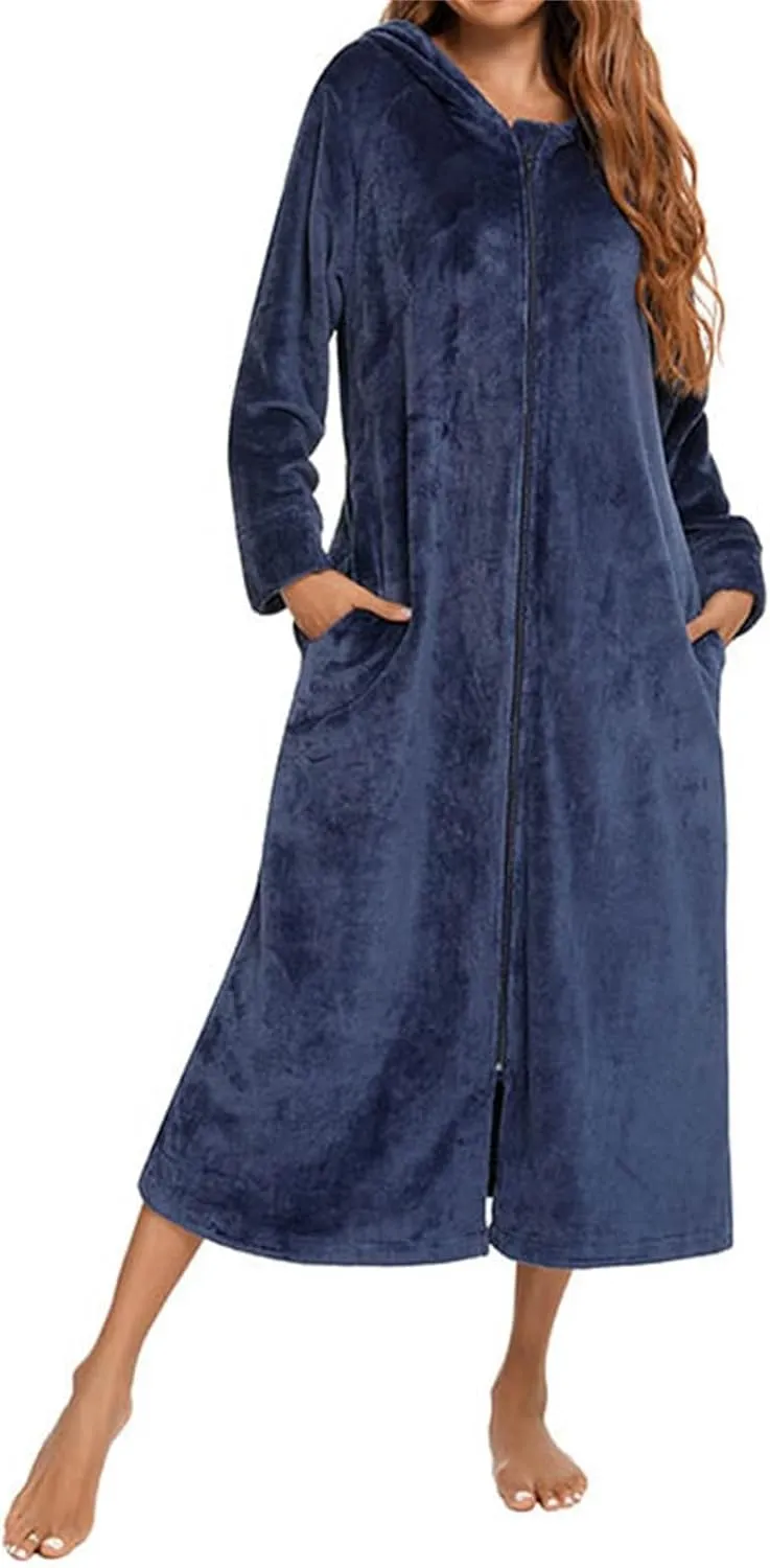 Women Cozy Robes Robe Zipper Front Robes Full Length Bathrobe Flannel Robes Winter Warm Housecoat Nightgown Hooded