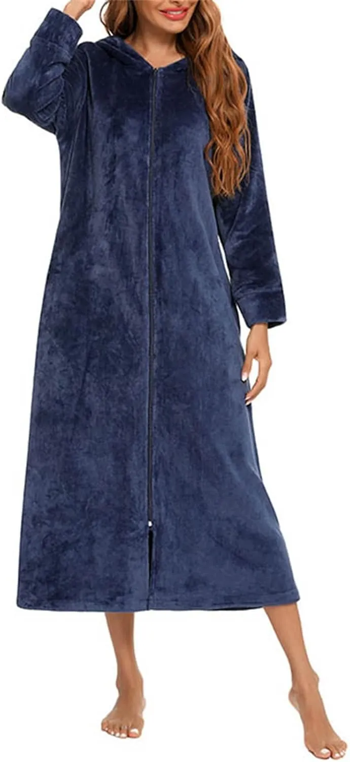 Women Cozy Robes Robe Zipper Front Robes Full Length Bathrobe Flannel Robes Winter Warm Housecoat Nightgown Hooded