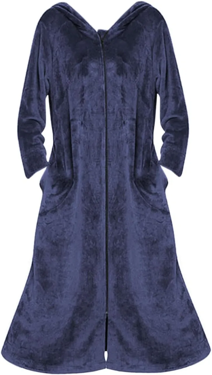 Women Cozy Robes Robe Zipper Front Robes Full Length Bathrobe Flannel Robes Winter Warm Housecoat Nightgown Hooded