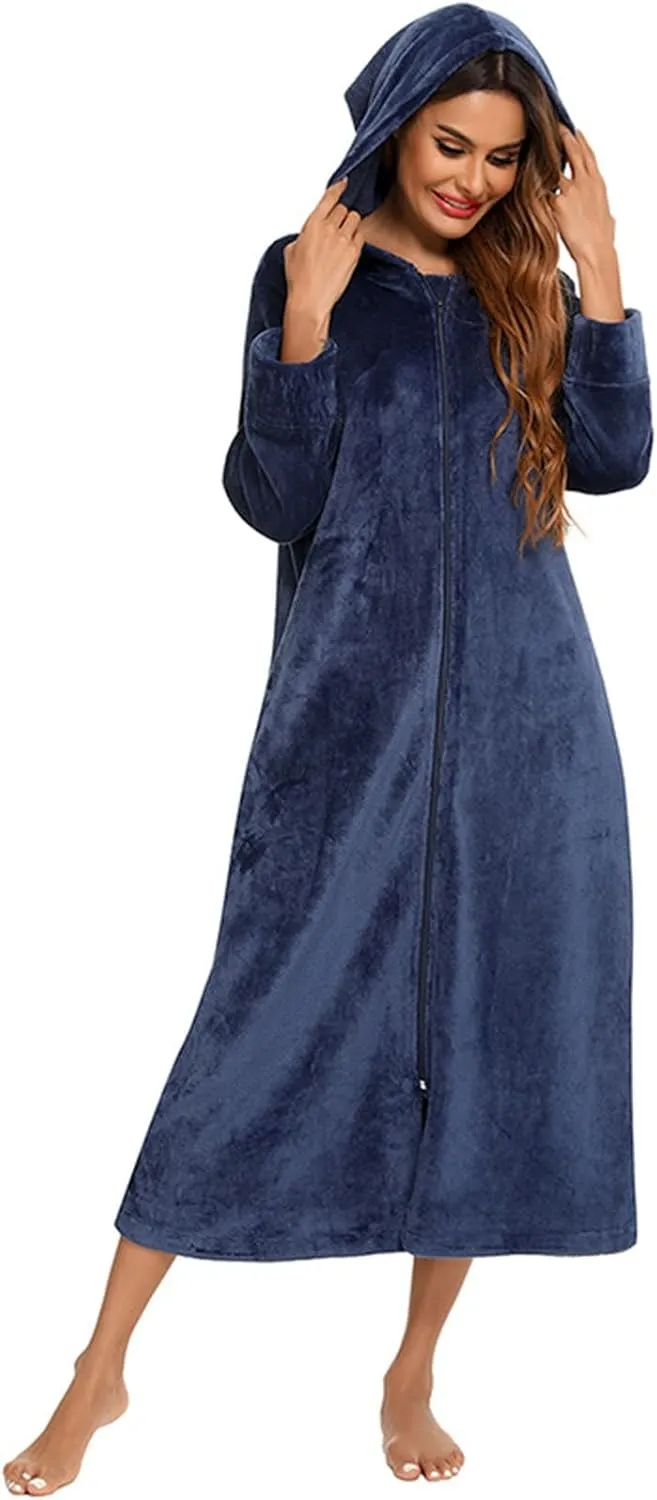 Women Cozy Robes Robe Zipper Front Robes Full Length Bathrobe Flannel Robes Winter Warm Housecoat Nightgown Hooded