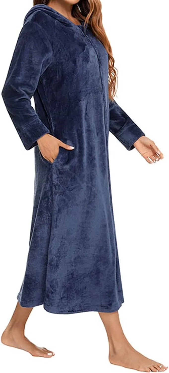 Women Cozy Robes Robe Zipper Front Robes Full Length Bathrobe Flannel Robes Winter Warm Housecoat Nightgown Hooded