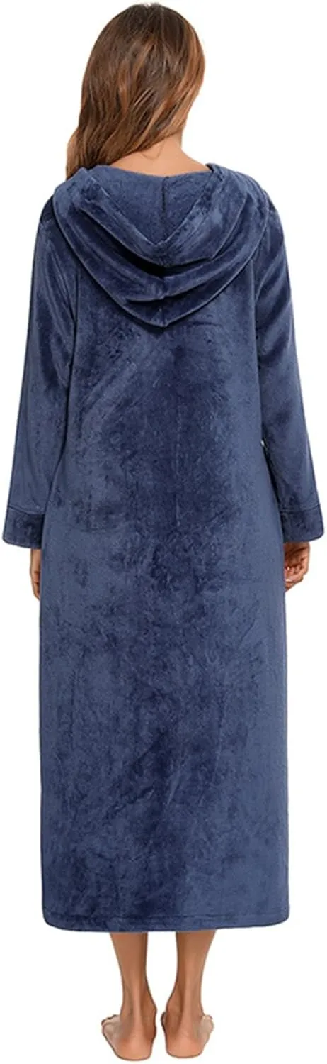 Women Cozy Robes Robe Zipper Front Robes Full Length Bathrobe Flannel Robes Winter Warm Housecoat Nightgown Hooded