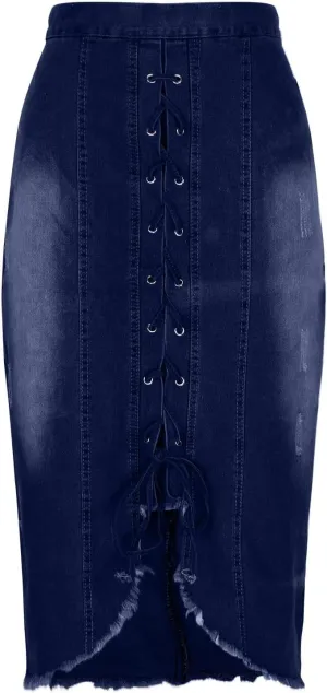 Women Denim Skirts Front Slit Bandage Bodycon Denim Skirts Stretch Wash Pencil Skirts Mid Length Loose Baggy Skirts