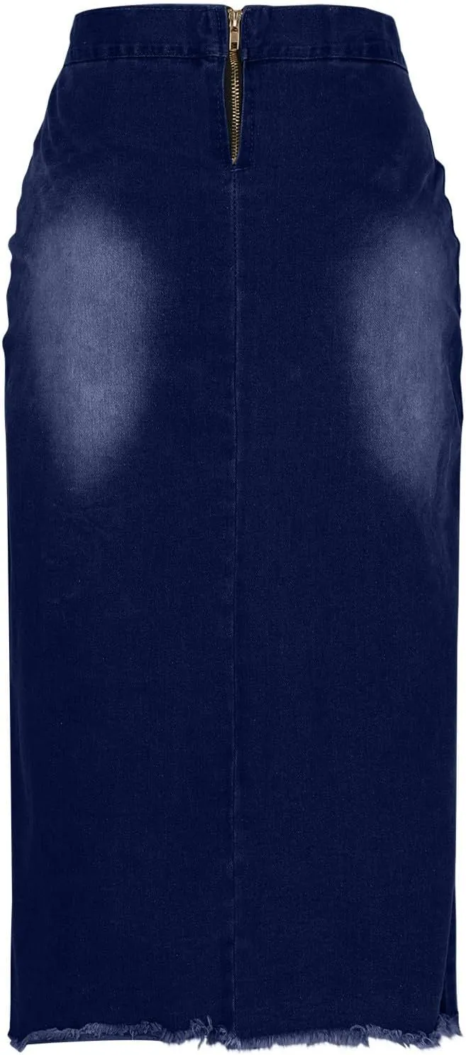 Women Denim Skirts Front Slit Bandage Bodycon Denim Skirts Stretch Wash Pencil Skirts Mid Length Loose Baggy Skirts