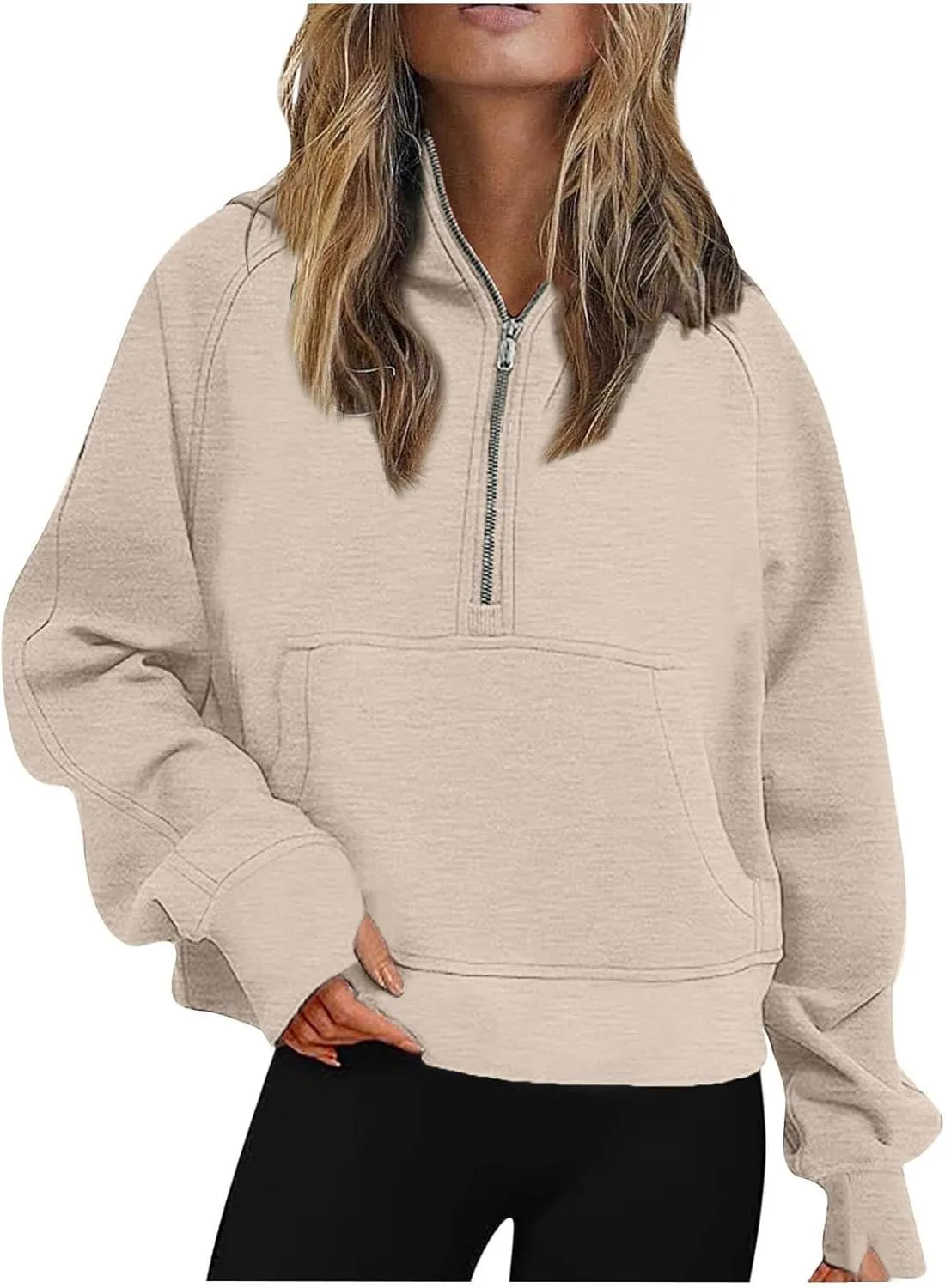 Women Half Zip Hooded Sweatshirt Thumb Hole Hoodie Pullover with Kangaroo Pocket Raglan Sleeve Quarter Zipper Hoodie