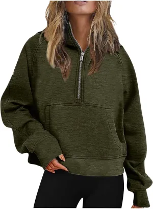 Women Half Zip Hooded Sweatshirt Thumb Hole Hoodie Pullover with Kangaroo Pocket Raglan Sleeve Quarter Zipper Hoodie