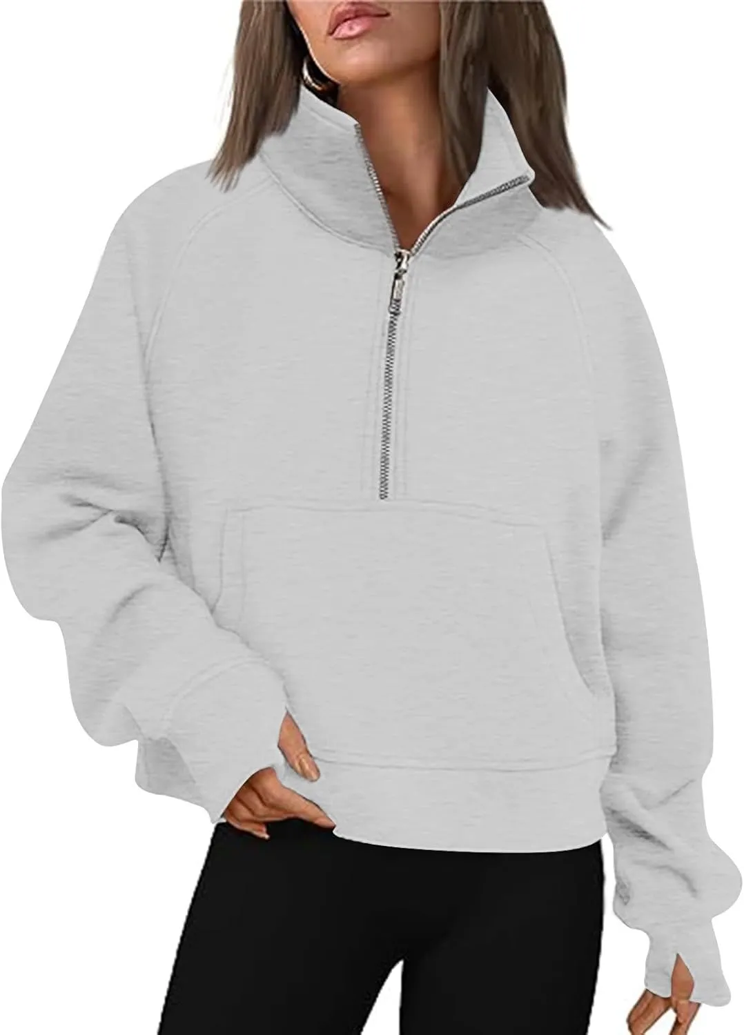 Women Half Zip Hooded Sweatshirt Thumb Hole Hoodie Pullover with Kangaroo Pocket Raglan Sleeve Quarter Zipper Hoodie