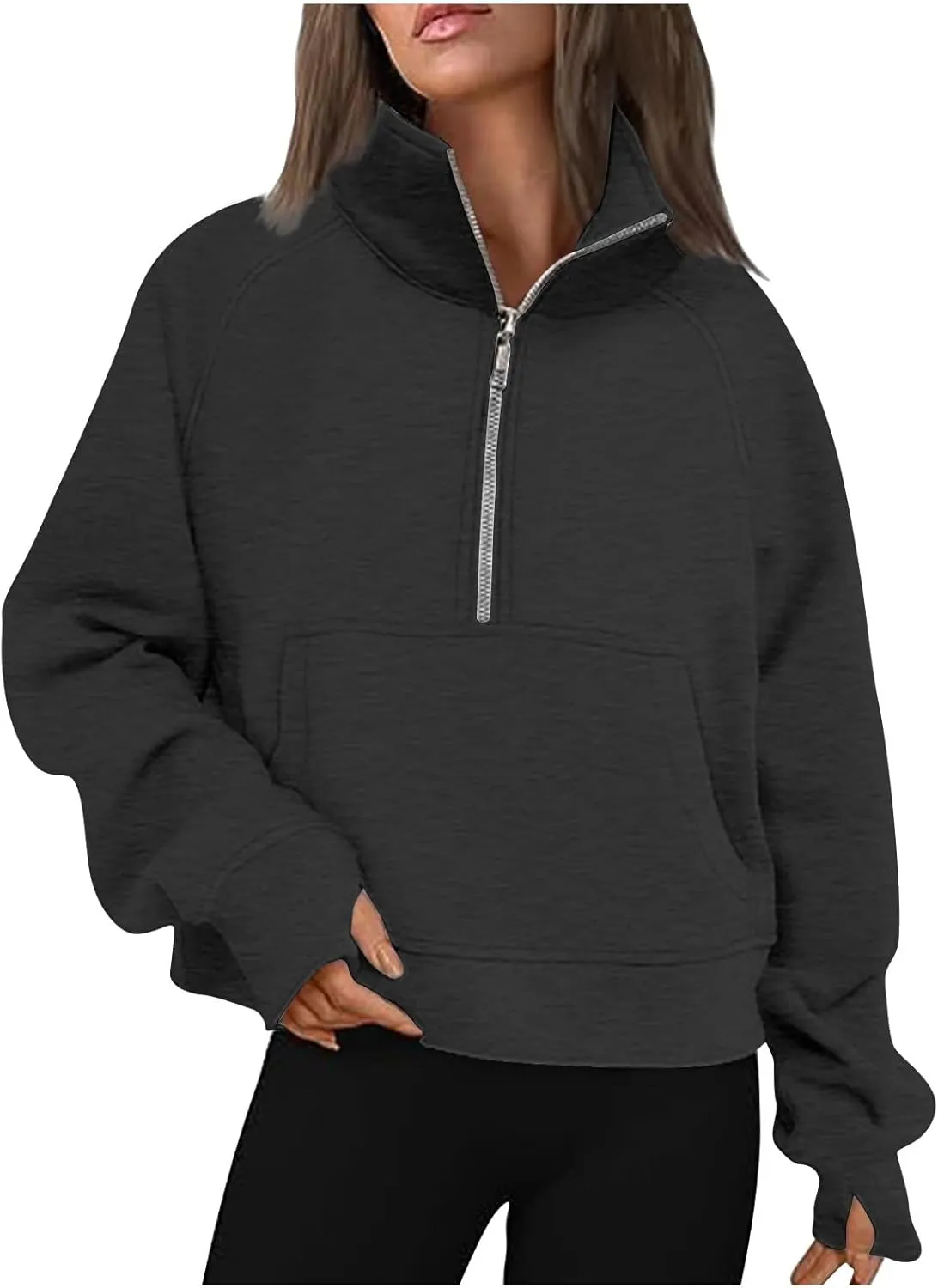Women Half Zip Hooded Sweatshirt Thumb Hole Hoodie Pullover with Kangaroo Pocket Raglan Sleeve Quarter Zipper Hoodie