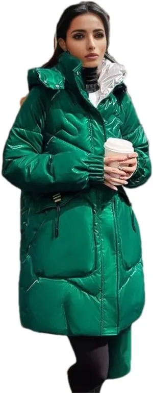 Women Hooded Down Jackets Coat Loose Warm Snow Down Cotton Padded Jacket Casual Long Parkas