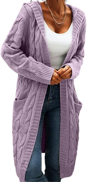 Women Hooded Open Front Cardigan Cable Knit Sweaters Solid Color Chunky Long Sweater Coats