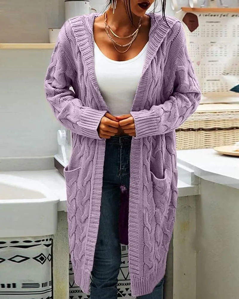 Women Hooded Open Front Cardigan Cable Knit Sweaters Solid Color Chunky Long Sweater Coats