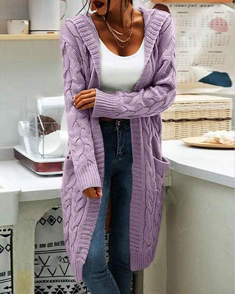Women Hooded Open Front Cardigan Cable Knit Sweaters Solid Color Chunky Long Sweater Coats
