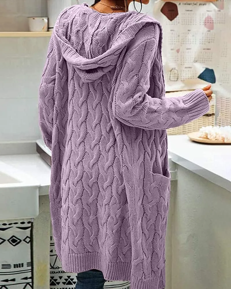 Women Hooded Open Front Cardigan Cable Knit Sweaters Solid Color Chunky Long Sweater Coats