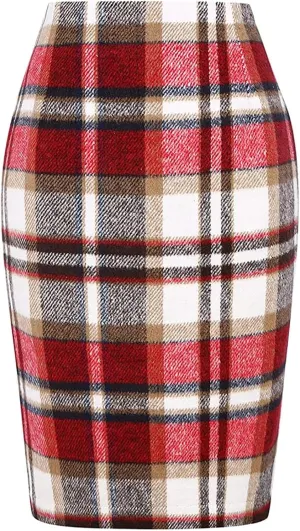 Women Knee Length Elastic Waist Stretchy Bodycon Business Pencil Skirt Slim Plaid Print Half Body Midi Hip Skirts
