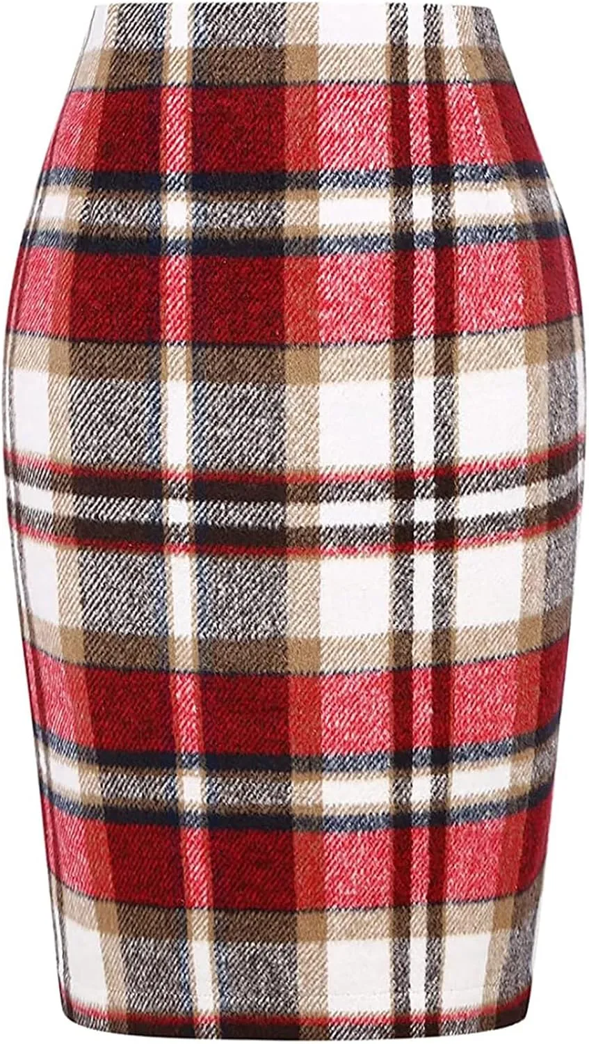 Women Knee Length Elastic Waist Stretchy Bodycon Business Pencil Skirt Slim Plaid Print Half Body Midi Hip Skirts