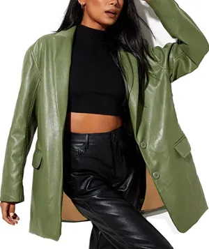 Women Leather Jacket Oversized Faux Leather Blazer Button Down Lapel Coat with Pockets Vintage Streetwear