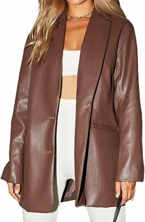 Women Leather Jacket Oversized Faux Leather Blazer Button Down Lapel Coat with Pockets Vintage Streetwear