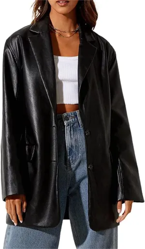 Women Leather Jacket Oversized Faux Leather Blazer Button Down Lapel Coat with Pockets Vintage Streetwear