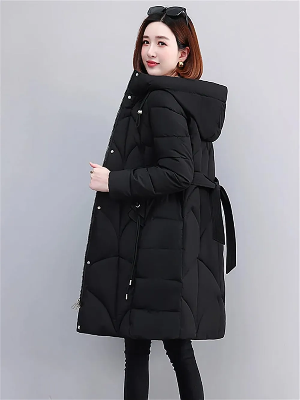 Women Long Cotton Down Hooded Parkas Coat Winter Thick Warm Puffer Padded Jacket With Belt
