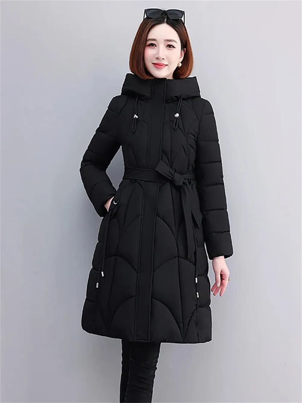 Women Long Cotton Down Hooded Parkas Coat Winter Thick Warm Puffer Padded Jacket With Belt